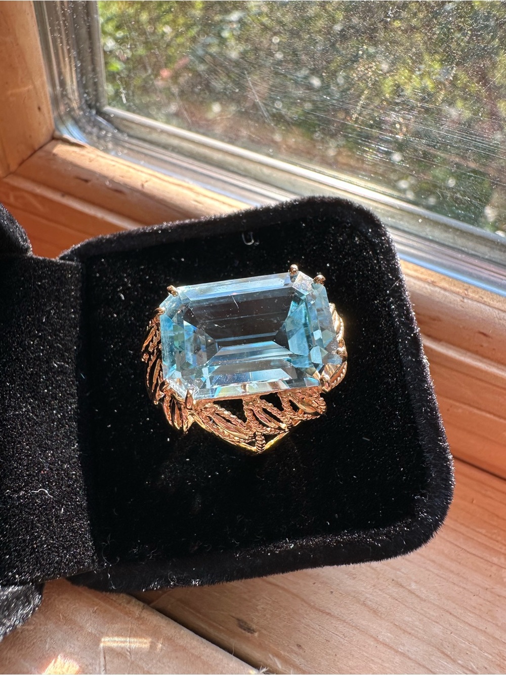 XXL Emerald Cut Blue Topaz Filigree Leaf Ring in 14k Gold Setting